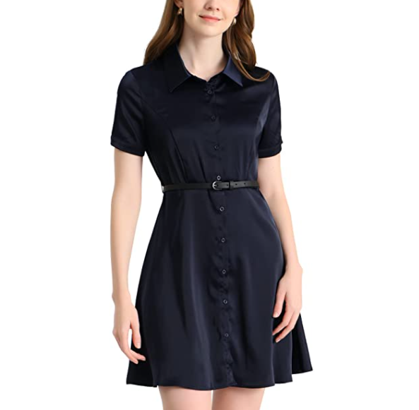 Elegant Satin Dresses Short Sleeve Button Down Belted Shirt Dress