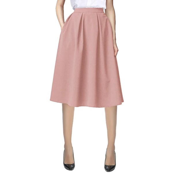 Women Flared A line Pocket Skirt High Waist Pleated Midi Skirt 2 Colors